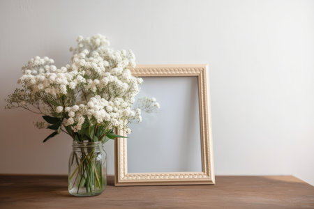 Get a white flowers in a frame mock up card. text copyspace that is emptyの素材