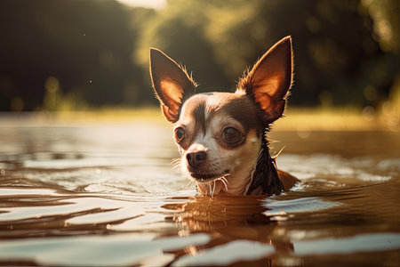 Swimming in the morning sun with a chihuahuaの素材