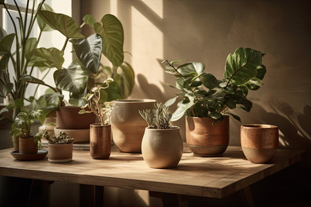 On the desk, there are indoor plants in a brown pot against a hazy backgroundの素材