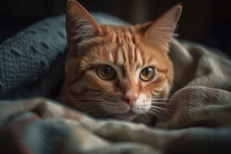 Ginger cat is curled up in bed, covered in a blanket, and cold. season of heatingの素材
