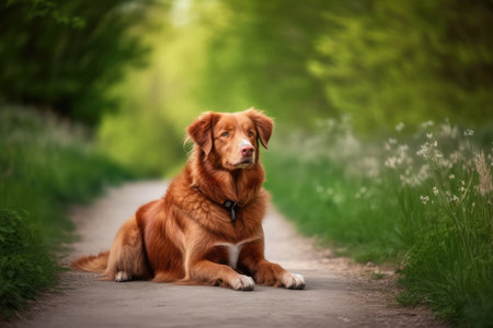 On a bright spring day, a Nova Scotia duck tolling retriever dog is sitting on a pathの素材