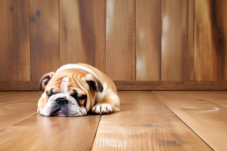 Small brown Saint Bulldog snoozes with copy space on hardwood floorの素材
