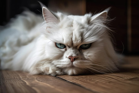 On the wood floor, a white Persian kitty is sleepingの素材