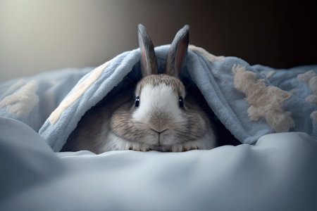 The funny rabbit sleeps in bed on a white blanket. Surprise for Easterの素材