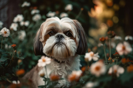 Shih tzu dog rests in garden flowersの素材
