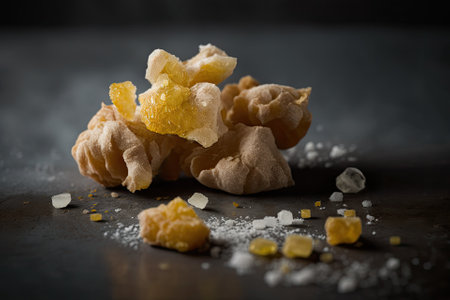On a drab concrete background, sweet and pungent candied gingerの素材