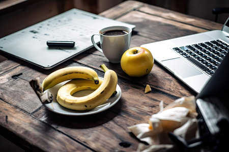 On a wooden table with a laptop, coffee, and bananaの素材