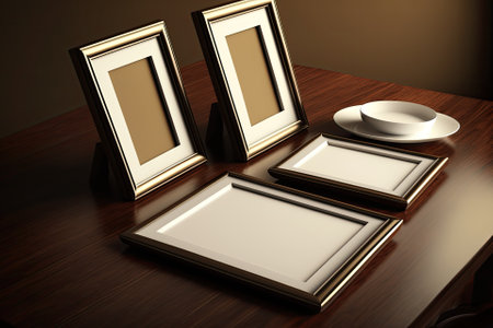 Three blank photo frames on brown tableの素材