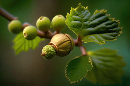 a hazelnut (Corylus). Unripe green hazelnuts on a green leaved tree twigの素材