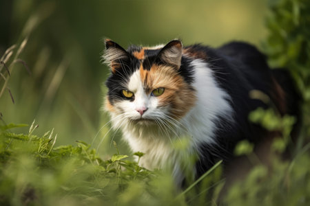 Turning back, an orange, black, and white cat is on a green fieldの素材