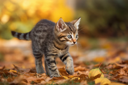 Tabby kitten strolling through an autumn parkの素材