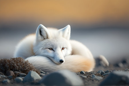 On the Arctic tundra, a white arctic fox (Vulpes Lagopus) is lying down. Fox Snowの素材