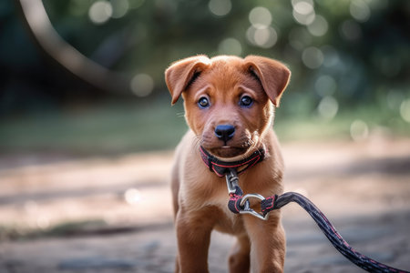 a little, leashed half breed ginger dog. Generative AIの素材