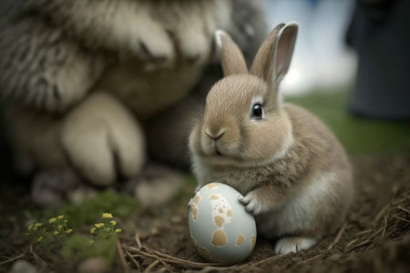 UK close up of a cute little rabbit holding an Easter eggの素材