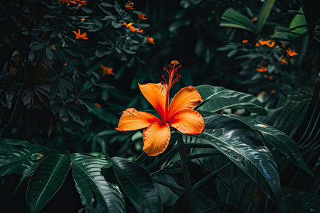 Tropical flower blooming against a background of dense foliageの素材