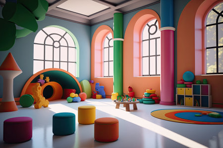 Picture of preschool playroom with colorful furniture, and toys around empty kindergartenの素材