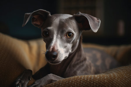 The Italian greyhound dog is resting on the couchの素材