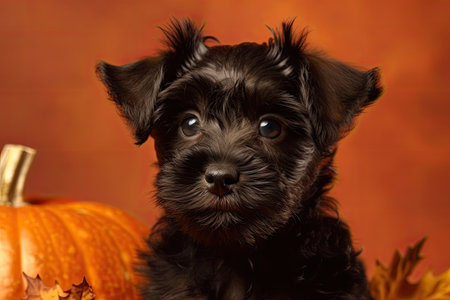 a tiny black puppy on a pumpkin and maple leaf adorned orange background in the autumnの素材