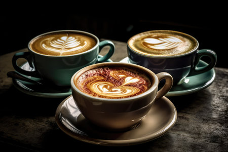Cappuccino, latte, and espresso are the three varieties of coffee. against a shadowy backdropの素材