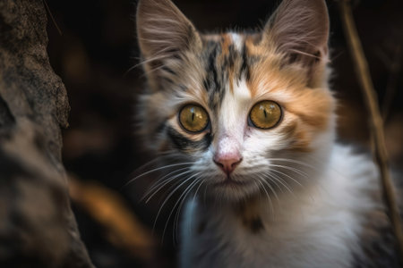 a close up of a kitten with its alert eyes and a background of cats that are blurry. Generative AIの素材
