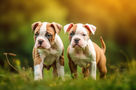 puppies American bulldog in the greenの素材