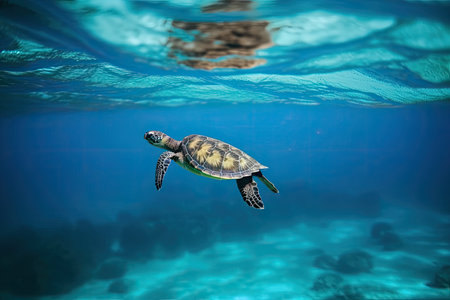 a tiny turtle flying through the oceanの素材