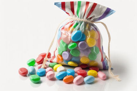 Bag of candy in various hues, with white backgroundの素材