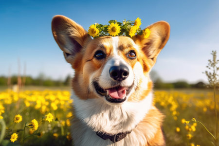 Welsh corgi Pembroke with a tongue in cheek expression and a crown of dandelion flowers on his headの素材