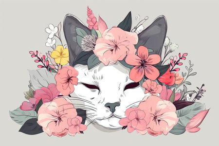 A lovely kitty with flowers on her ears. Generative AIの素材
