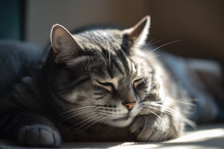 Domesticated male cat sleeping in the house, head resting on pillow on couch. Generative AIの素材