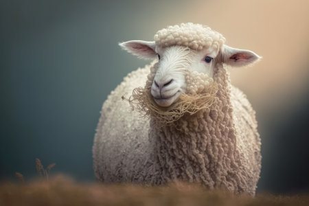 adorable sheep munching hay in the side viewの素材