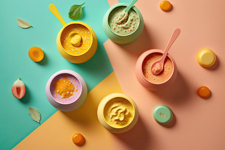 healthy baby food bowls on a colored backdropの素材