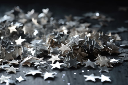 Holiday background with silver star confetti. Good background for Christmas and New Year cardsの素材