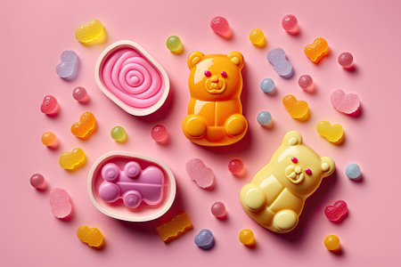 Delicious jelly bears in a flat lay composition on a pink backdropの素材