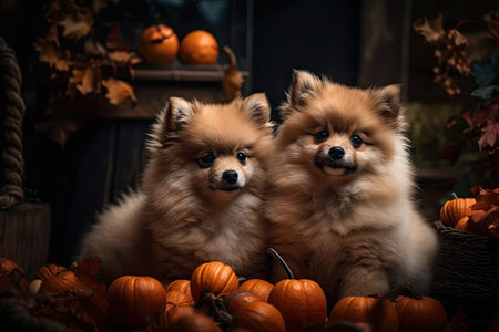gorgeous spitz pups in romantic settings in the studioの素材