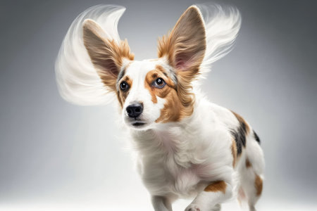 Beautiful mixed breed dog with flying ears turns his head toward white studioの素材