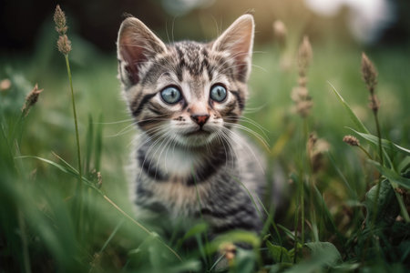Playing on the lawn with a cute tiny catの素材