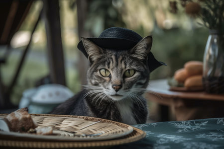 on the table is a tiny black and white catの素材