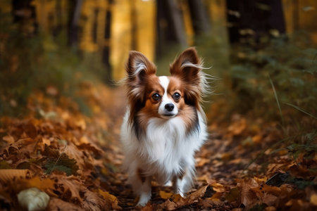 dog strolling in a forest in the fallの素材