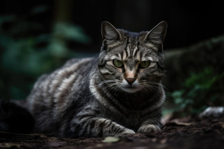 The dark grey tabby cat is spread out on the groundの素材