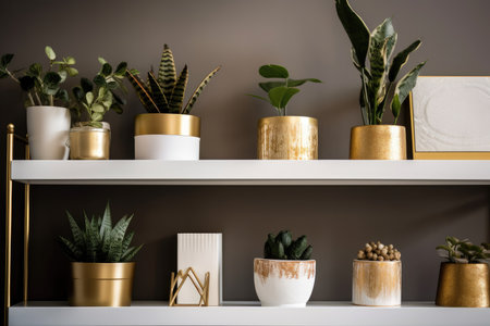 Golden potted plants on a shelf. Copy spaceの素材