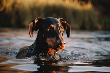 pleased handsome Doberman Dog swims and plays in the lake while near the waterの素材