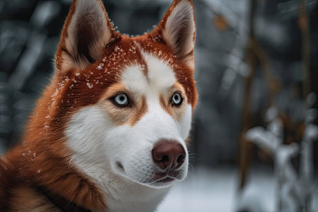 A red husky dog sits in the snowの素材