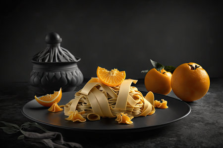 plate with pasta and tangerine stands on black background soft focusの素材