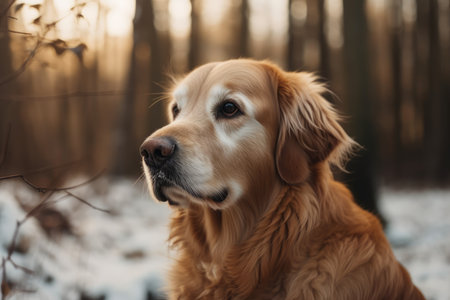a wintertime outdoor photo of a golden retriever dog. Generative AIの素材