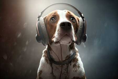 The dog is listening to music with headphones on. Happy petの素材