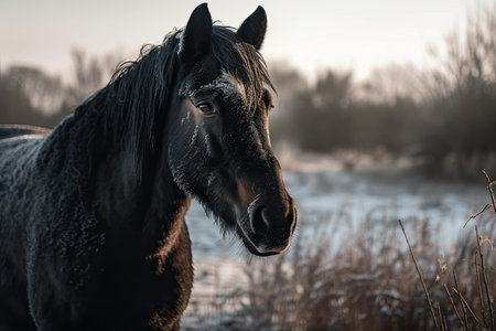 a dark colored horse in the frost. Generative AIの素材