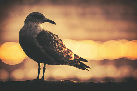Vintage toned silhouette gull on sunset backgroundの素材