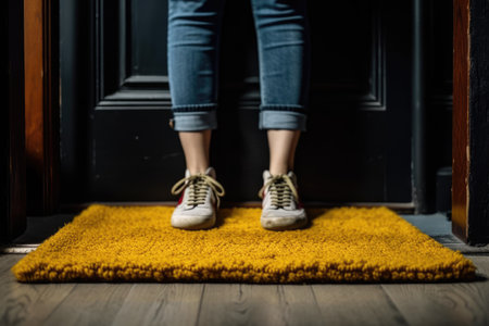 Woman stands on the freshly cleaned doormat while donning house slippers. Text space not occupiedの素材
