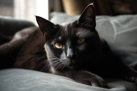 The cat is curled up on the couch, her yellow eyes malevolent. The solemn cat is sleeping in the sunの素材